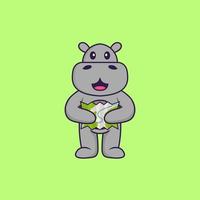 hipopótamo fofo segurando um mapa. conceito de desenho animado animal isolado. pode ser usado para t-shirt, cartão de felicitações, cartão de convite ou mascote. estilo cartoon plana vetor