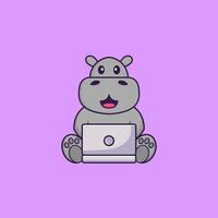 hipopótamo fofo usando o laptop. conceito de desenho animado animal isolado. pode ser usado para t-shirt, cartão de felicitações, cartão de convite ou mascote. estilo cartoon plana vetor