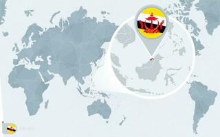 pacífico centrado mundo mapa com ampliado brunei. bandeira e mapa do brunei. vetor