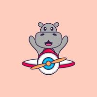 hipopótamo bonito voando em um avião. conceito de desenho animado animal isolado. pode ser usado para t-shirt, cartão de felicitações, cartão de convite ou mascote. estilo cartoon plana vetor