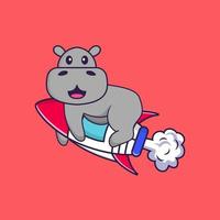 hipopótamo bonito voando no foguete. conceito de desenho animado animal isolado. pode ser usado para t-shirt, cartão de felicitações, cartão de convite ou mascote. estilo cartoon plana vetor