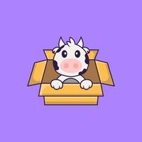 vaca bonita brincando na caixa. conceito de desenho animado animal isolado. pode ser usado para t-shirt, cartão de felicitações, cartão de convite ou mascote. estilo cartoon plana vetor
