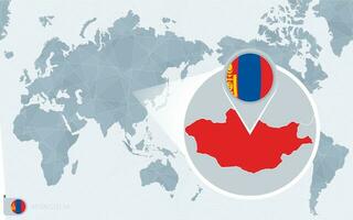 pacífico centrado mundo mapa com ampliado Mongólia. bandeira e mapa do Mongólia. vetor