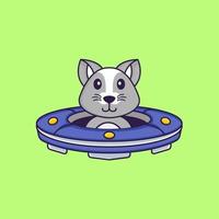 rato bonito dirigindo nave espacial ufo. conceito de desenho animado animal isolado. pode ser usado para t-shirt, cartão de felicitações, cartão de convite ou mascote. estilo cartoon plana vetor