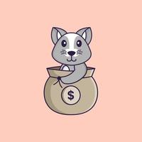 rato fofo em um saco de dinheiro. conceito de desenho animado animal isolado. pode ser usado para t-shirt, cartão de felicitações, cartão de convite ou mascote. estilo cartoon plana vetor