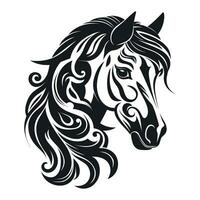 Preto e branco silhueta do uma cavalo cabeça com uma swirly juba. simples vetor ilustração, isolado, conceito do uma logotipo, tatuagem, ou uma peça do arte.