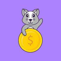 rato bonito segurando moedas. conceito de desenho animado animal isolado. pode ser usado para t-shirt, cartão de felicitações, cartão de convite ou mascote. estilo cartoon plana vetor