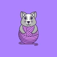 rato bonito brincando com fios de lã. conceito de desenho animado animal isolado. pode ser usado para t-shirt, cartão de felicitações, cartão de convite ou mascote. estilo cartoon plana vetor