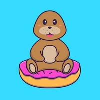 cachorro bonito está sentado em donuts. conceito de desenho animado animal isolado. pode ser usado para t-shirt, cartão de felicitações, cartão de convite ou mascote. estilo cartoon plana vetor