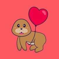 lindo cachorro voando com balões em forma de amor. conceito de desenho animado animal isolado. pode ser usado para t-shirt, cartão de felicitações, cartão de convite ou mascote. estilo cartoon plana vetor