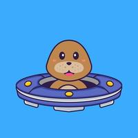 lindo cachorro dirigindo a nave espacial ufo. conceito de desenho animado animal isolado. pode ser usado para t-shirt, cartão de felicitações, cartão de convite ou mascote. estilo cartoon plana vetor