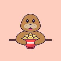 cachorro bonito comendo macarrão ramen. conceito de desenho animado animal isolado. pode ser usado para t-shirt, cartão de felicitações, cartão de convite ou mascote. estilo cartoon plana vetor