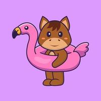 cavalo bonito com bóia de flamingo. conceito de desenho animado animal isolado. pode ser usado para t-shirt, cartão de felicitações, cartão de convite ou mascote. estilo cartoon plana vetor