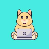 coelho fofo usando o laptop. conceito de desenho animado animal isolado. pode ser usado para t-shirt, cartão de felicitações, cartão de convite ou mascote. estilo cartoon plana vetor