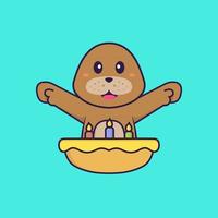 cachorro fofo com bolo de aniversário. conceito de desenho animado animal isolado. pode ser usado para t-shirt, cartão de felicitações, cartão de convite ou mascote. estilo cartoon plana vetor