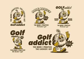 golfe viciado. a Mais Eu prática, a mais sorte Eu pegar. mascote personagem ilustração do golfe bola segurando uma golfe bastão vetor