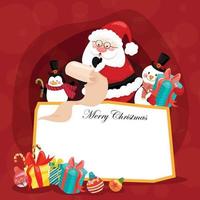 cartão de feliz Natal com caixa de Papai Noel, boneco de neve, pinguim e presente. vetor