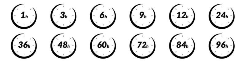 24h e 48h velozes Entrega Tempo ícone. relógio mostrando 12 e 6 horas, para venda e velozes Entrega logotipo. representa 24, 36, e 72 horas. plano vetor ilustrações isolado dentro fundo.