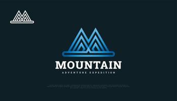 design do logotipo da montanha azul com a letra inicial m. logotipo da colina para aventura, viagens ou turismo vetor