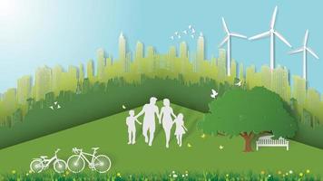 papel dobrando ilustração em vetor estilo origami de arte. projeto abstrato desenvolvimento de energia sustentável verde, conceito favorável ao meio ambiente, família feliz caminhando em um parque no meio da cidade grande