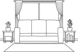 aconchegante sala de estar com sofá e carpete. cor preto e branco. ilustração de livro para colorir. vetor