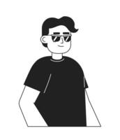 cego homem oculos de sol Preto e branco 2d desenho animado personagem. hispânico cego masculino vestindo camiseta isolado vetor esboço pessoa. indiano cara com visão imparidade monocromático plano local ilustração