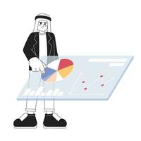 saudita homem tocante marketing analytics painel de controle Preto e branco 2d desenho animado personagem. adulto saudita masculino encontro dados isolado vetor esboço pessoa. mercado estude monocromático plano local ilustração