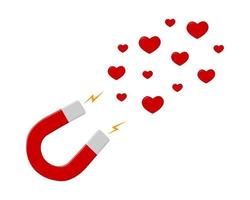 ímã em ferradura vermelha atraindo corações isolados no fundo branco. curtidas nas redes sociais. poder magnético, atração, conceito de influência vetor