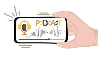 humano mão segurando Smartphone com aplicativo para ouvindo podcasts em tela. podcast conceito vetor