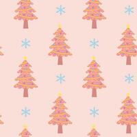 Rosa Natal árvore e flocos de neve desatado padronizar. inverno feriados glamour decorativo invólucro papel. vetor
