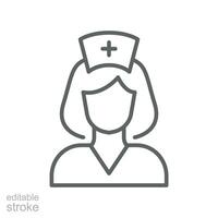 enfermeira linha ícone hospital, garota, mulher. médico assistente com estetoscópio e boné para saúde Cuidado Serviços. médico assistente. editável AVC. vetor ilustração. Projeto em branco fundo. eps 10