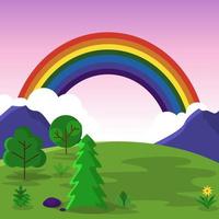lindo arco-íris verão montanha prado natureza paisagem ilustração vetor