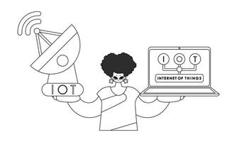 mulher agarrando antena e computador portátil, em processamento Internet do coisas dados, desenhado dentro vetor linear Projeto