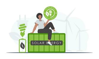 a conceito do ecologia e verde energia. a cara senta em a solar painel e detém a eco logotipo dentro dele mãos. vetor tendência ilustração.