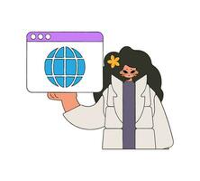 uma brilhante e à moda ilustração do uma mulher usando uma rede navegador. moderno personagem estilo. vetor