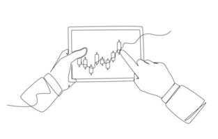 contínuo 1 linha desenhando do mãos segurando tábua mostrando castiçal estoque gráfico, estoque investimento conceito, solteiro linha Projeto vetor ilustração.