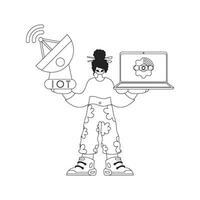 mulher trabalhando com muito dados, computador portátil e antena dentro mão, mostrando dentro vetor linear ilustração