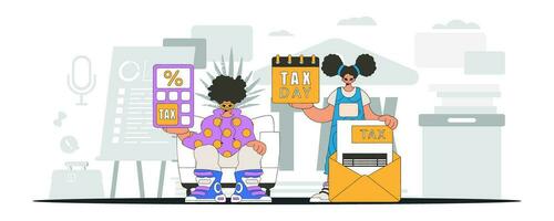 a elegante cara e uma menina estão acionado dentro pagando impostos. a ilustração demonstrando a corrigir Forma de pagamento do impostos. vetor
