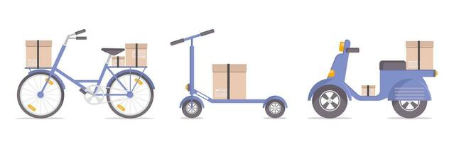 transporte. transporte entregando caixas. Entrega. bicicleta. ciclomotor. pontapé lambreta. vetor