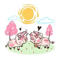 cartão romântico com duas vacas. ilustração em vetor de lindo casal amoroso. cartão sobre amizade e amor. cartão de dia dos namorados, cartaz ou modelo de impressão.