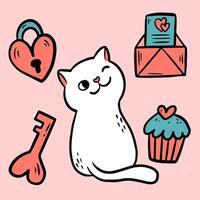 gato sentindo amor e frio. com envelope, bolo, armário e chave para a celebração do dia dos namorados. vetor
