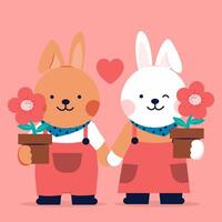 ícone romântico de um casal apaixonado por coelhos segurando flor com a parte superior. em fundo escuro. vetor