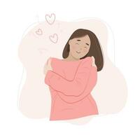 conceito de amor a si mesmo, mulher se abraçando, ilustração vetorial em estilo simples vetor