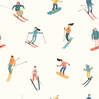 Ilustração do vetor dos esquiadores e dos snowboarders. Padrão sem emenda