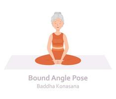 limite ângulo ioga pose. baddha konasana. idosos mulher praticando ioga asana. saudável estilo de vida. plano desenho animado personagem. vetor ilustração