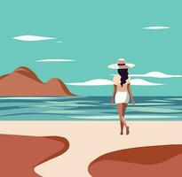 vetor plano gráficos menina em período de férias caminhando de a mar Sol oásis hotel villa bege pastel cor paleta