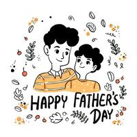 feliz dia dos pais, pai e filho usam uma camiseta cor de laranja isolada em um quadro floral em fundo branco. vetor