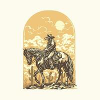 vaqueiro em a cavalo dentro a deserto com cacto e laranja pôr do sol céu vetor