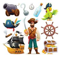 conjunto do pirata personagem, canhão, papagaio, Tesouro peito e enviar. pirata elementos vetor desenho animado ilustração