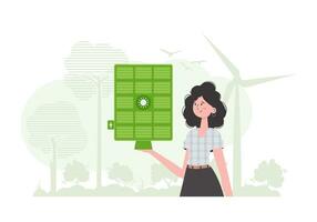 eco energia conceito. a menina detém uma solar painel dentro dela mão. vetor ilustração.